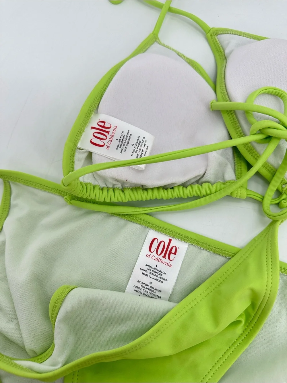 Cole of California Neon Lime Green String Bikini Set Women’s Large Swimsuit
